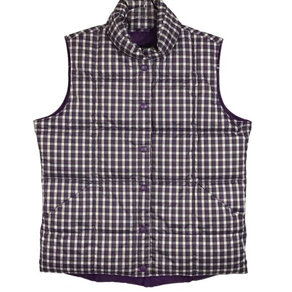 Lands' End Down Filled Quilted Puffer Vest Purple Plum Black Tartan Plaid S 6 8 - Picture 1 of 7